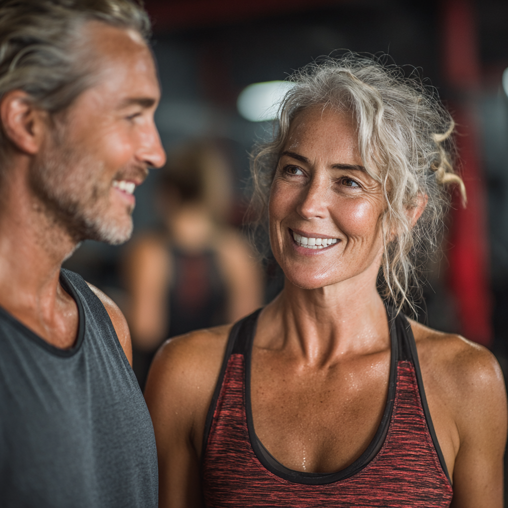 Жінка 52 років під час групового тренування з тренером, отримує підтримку та мотивацію