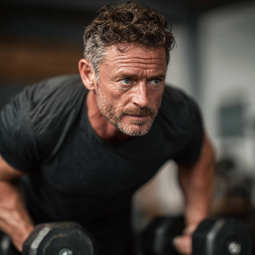 Чоловік 55 років виконує силові вправи з гантелями в спортивному залі, демонструючи силу та витривалість