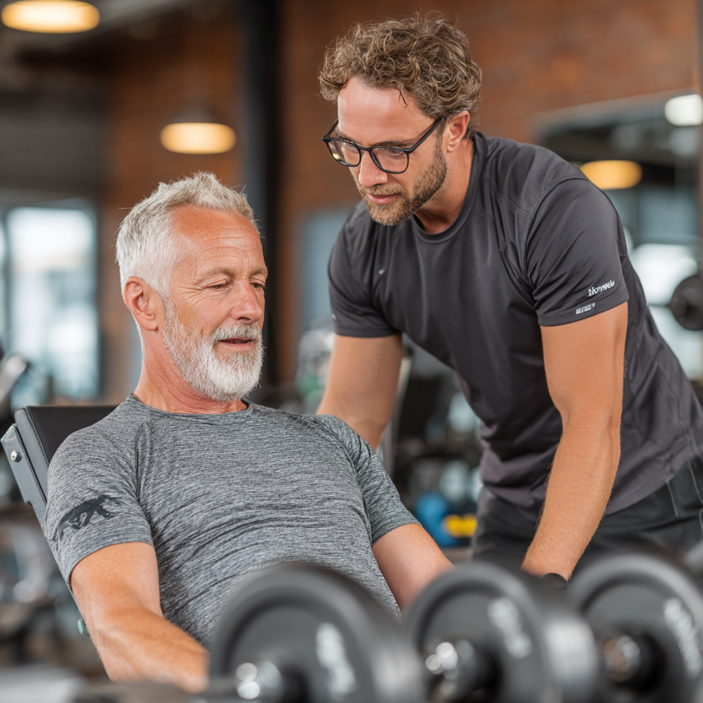 Тренер працює з клієнткою 58 років, розробляючи індивідуальну програму тренувань в сучасному фітнес-центрі